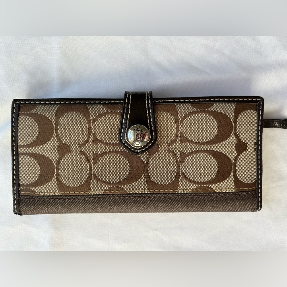 Coach Signature Canvas Brown and Khaki Wristlet Clutch